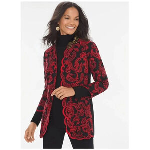 Chico's Floral Paisley Embroidered Jacket Red & Black Embellished Elegant Size L